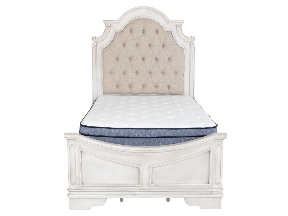 Magnolia 7-Piece Bedroom Set with Tufted Upholstered Bed, Vanity Desk, Tri-Fold Mirror, Stool & Nightstand – Savanna White Finish