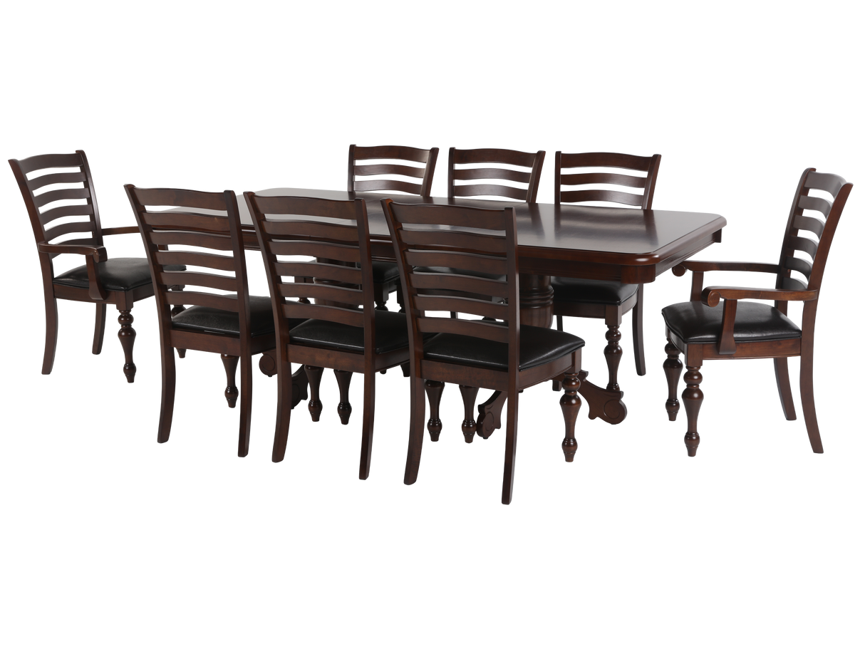 Wooden dining table with eight matching chairs on a white background