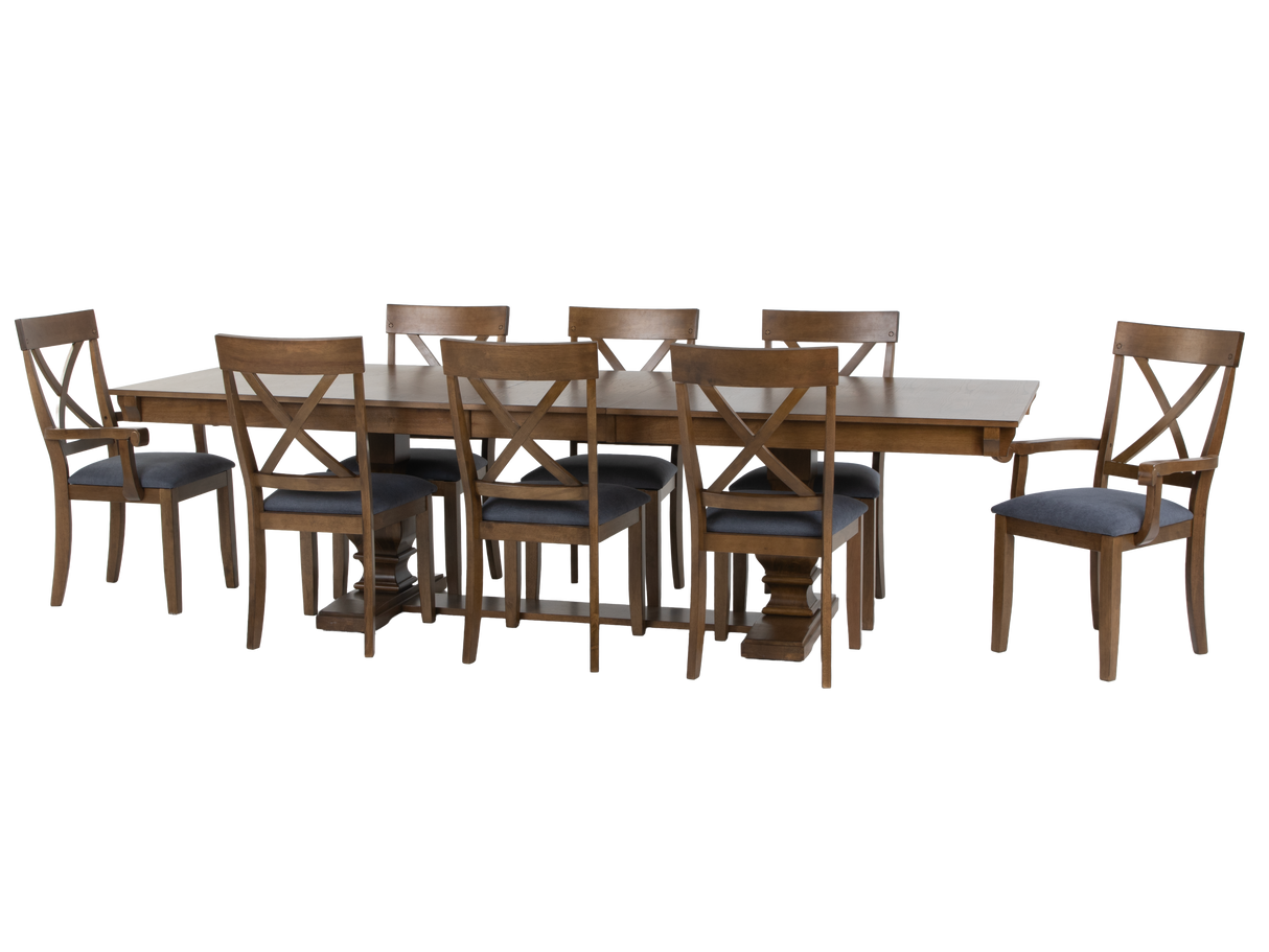 Oak Double-Pedestal 11-Piece Extension Dining Set with X-Back Chairs