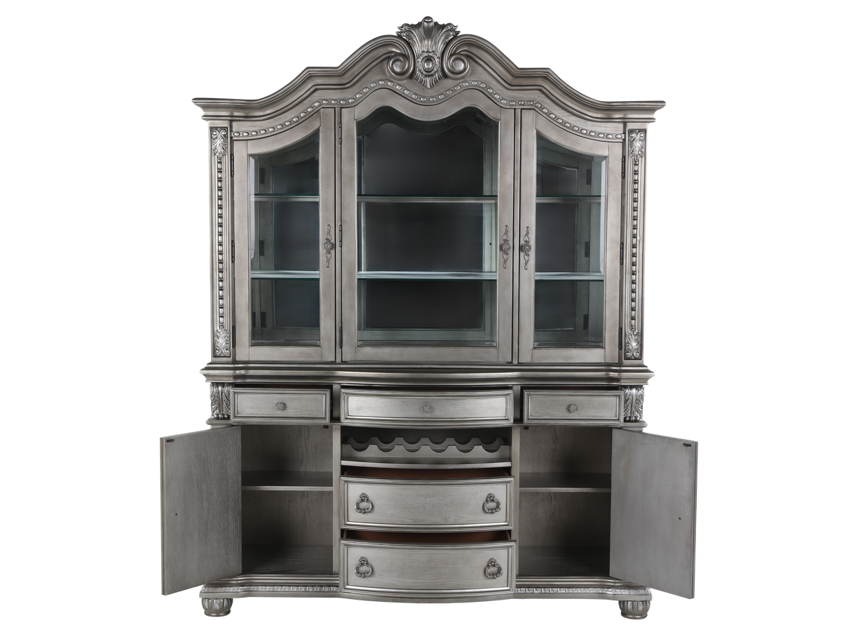 Grey Traditional Buffet & Hutch with LED Lighting & Wine Storage