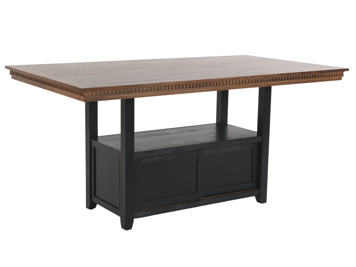 Wooden table with black base on a white background
