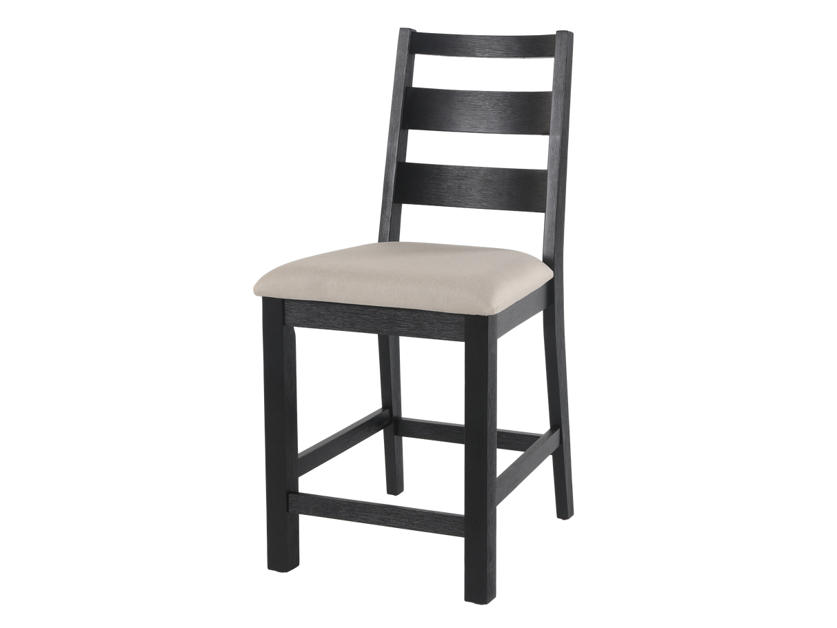 Black bar stool with a beige cushion on a white background