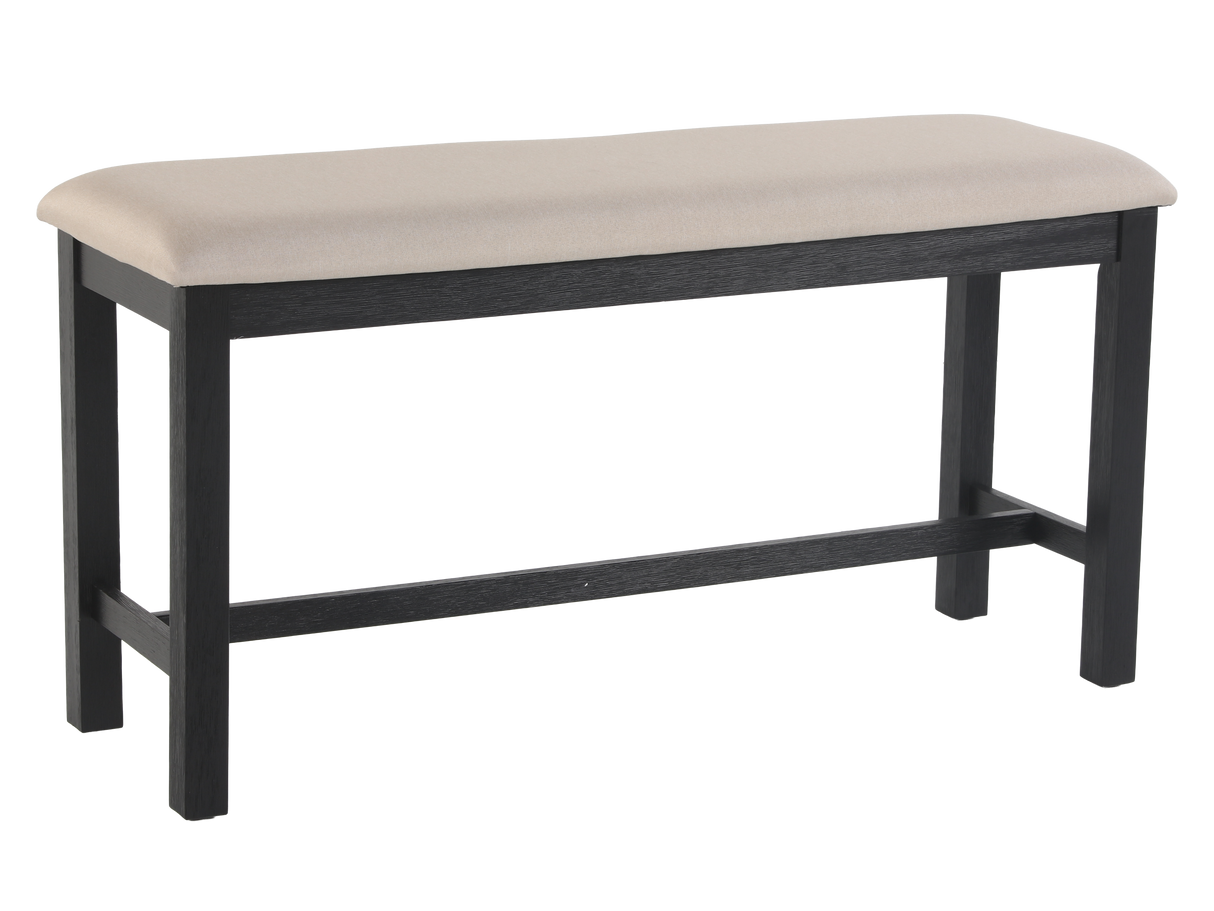 Bench with beige cushion and black frame on a white background