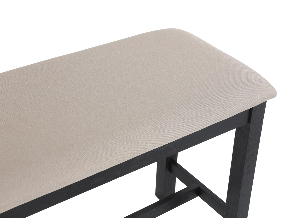 Beige cushioned bench with black metal frame on a white background