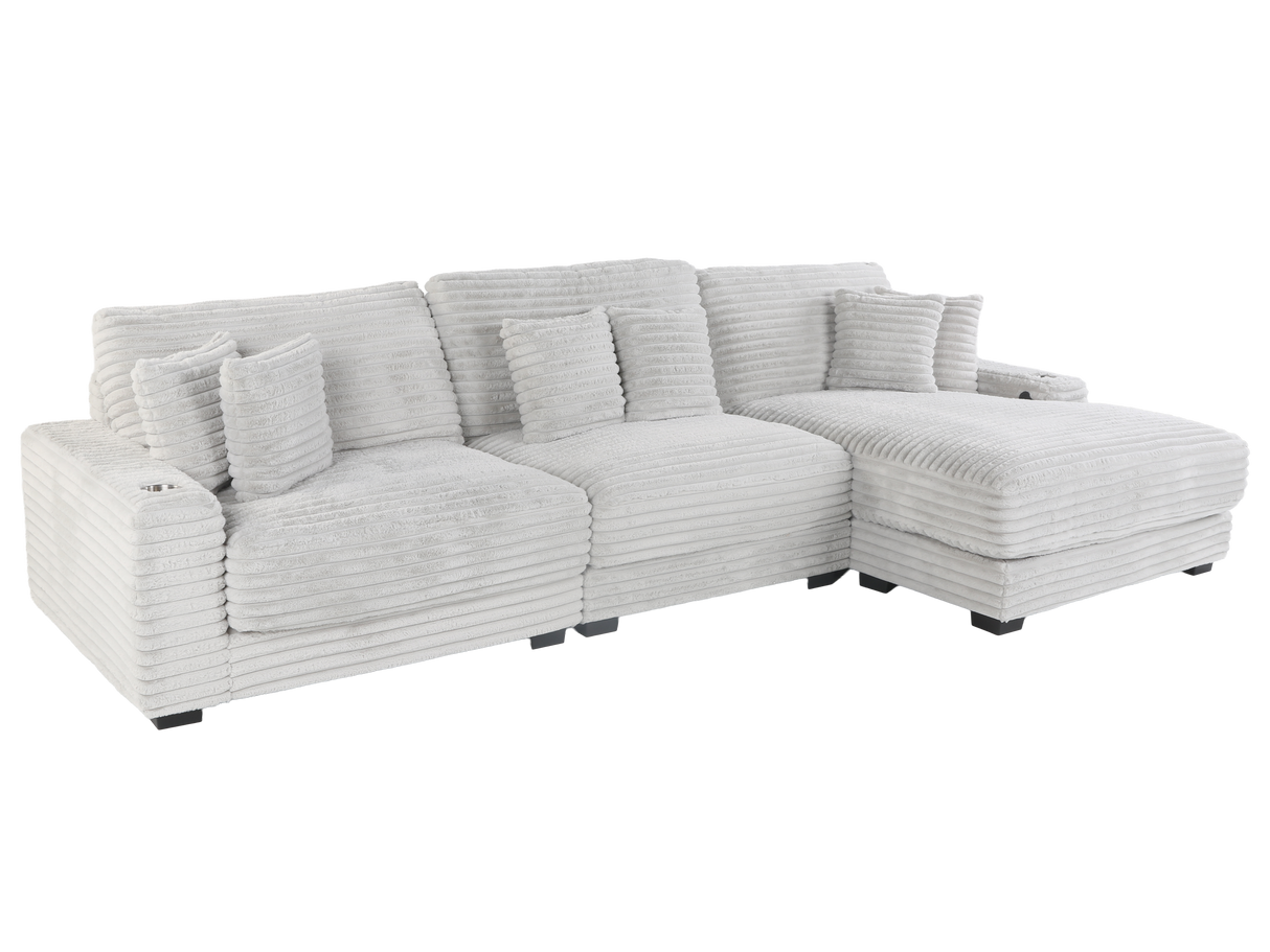 Light Gray Corduroy Sectional Sofa with Chaise & Plush Pillows