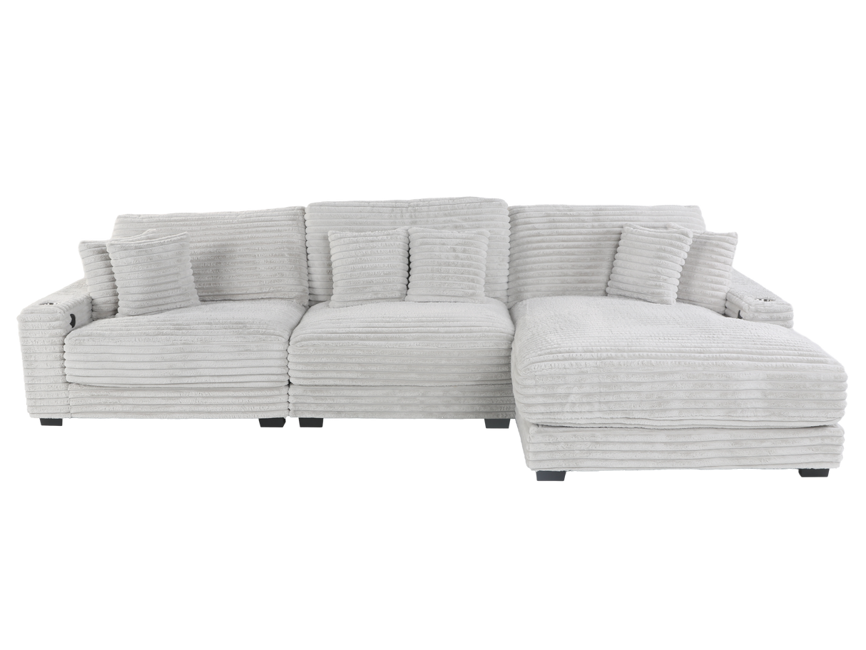 Light Gray Corduroy Sectional Sofa with Chaise & Plush Pillows