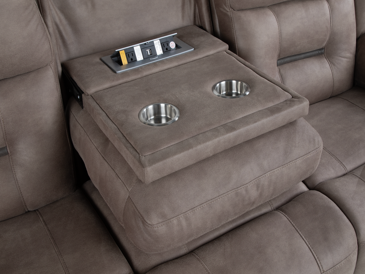 Contemporary Light Gray Power Reclining Living Room Set with USB Drop-Down Table & Console