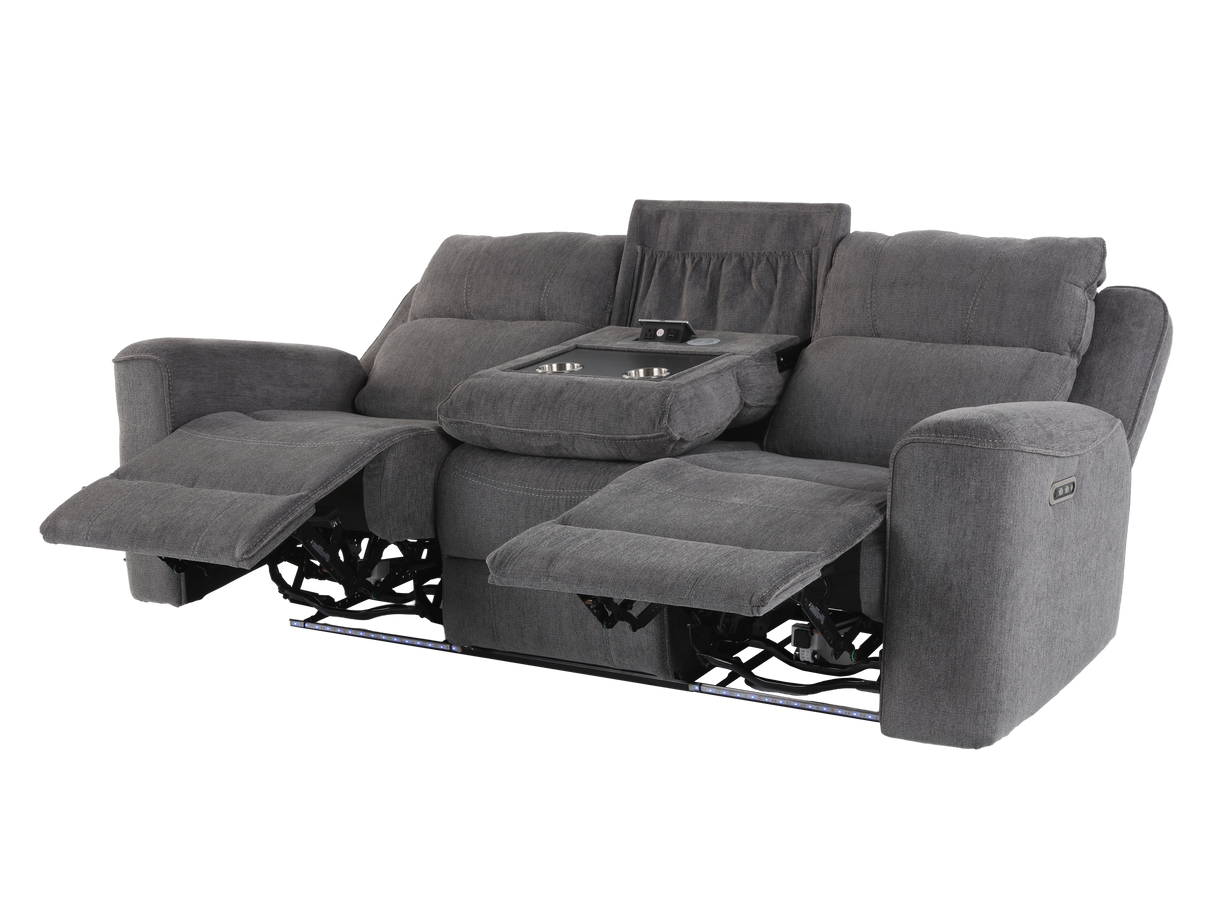 Gray reclining sofa with cup holders on a white background