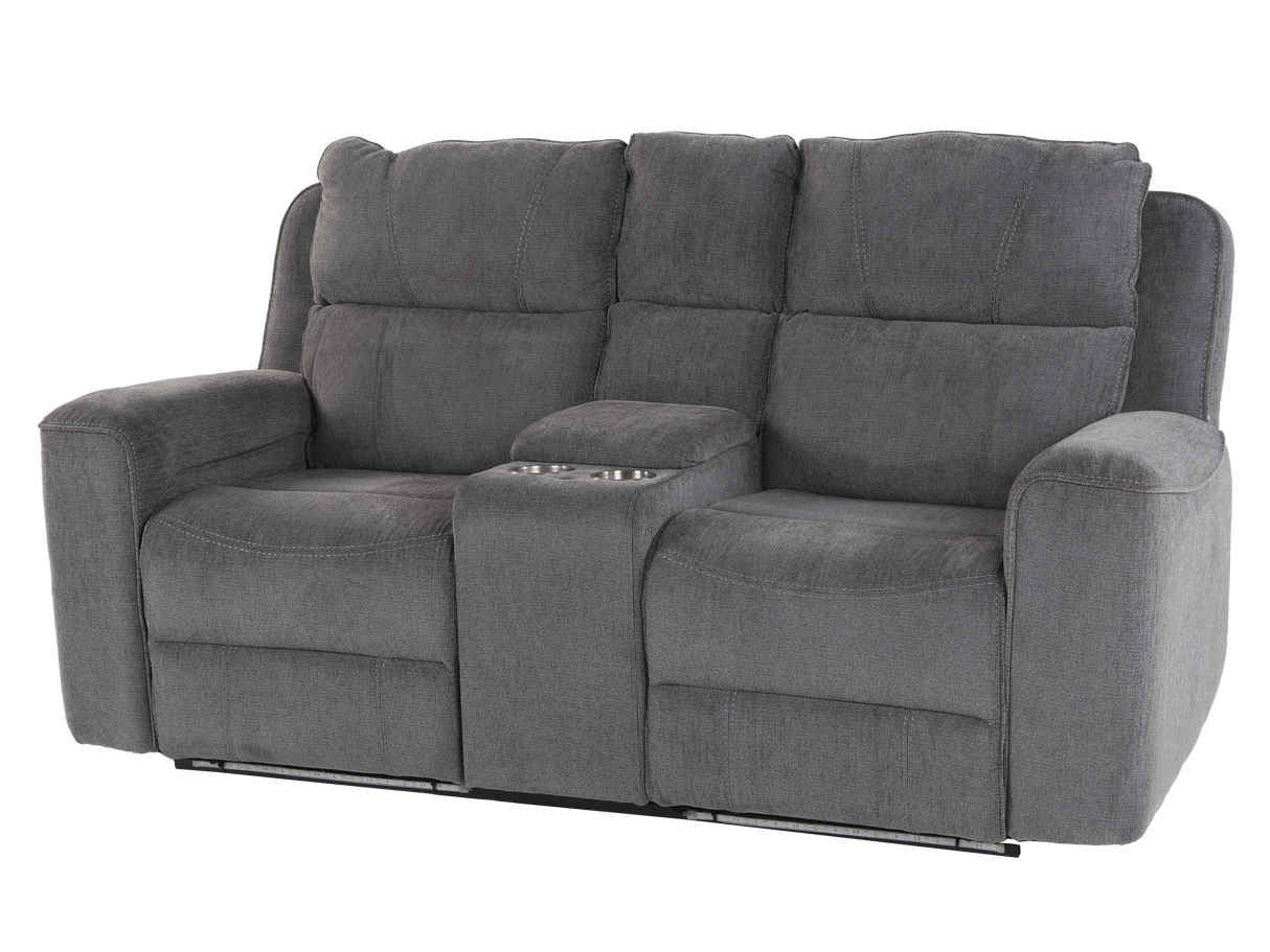 Gray reclining sofa with cup holders on a white background