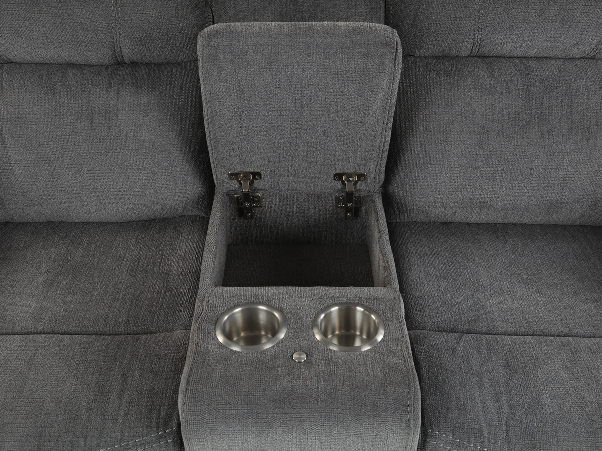 Gray sofa with a built-in cup holder and storage compartment.