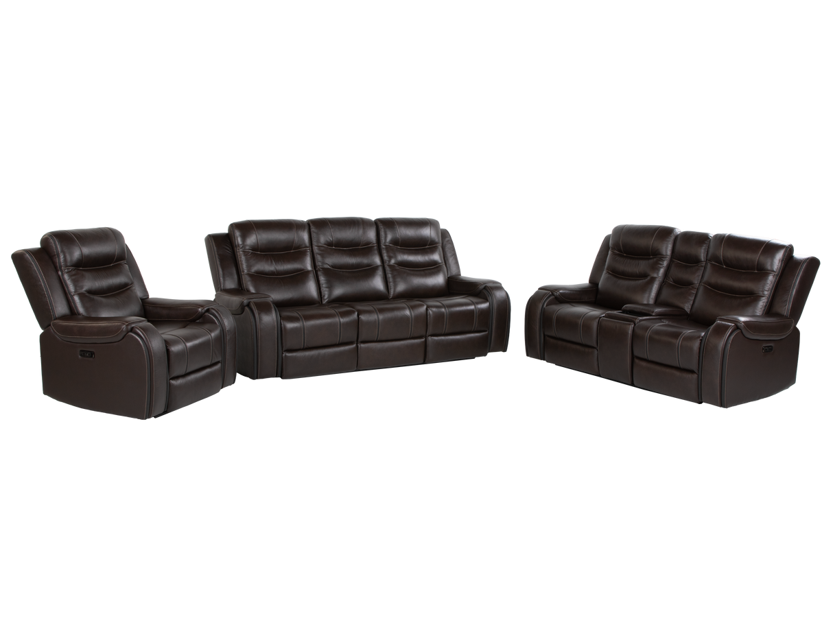 Espresso Contemporary Top Grain Leather 3-Piece Power Reclining Living Room Set w/ Power Headrests, USB Charging, Cup Holders & Drop-Down Table
