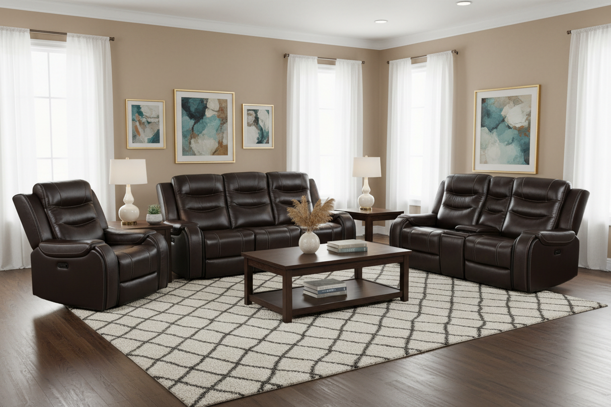 Living room with brown leather recliner sofa set, coffee table, and decorative elements.