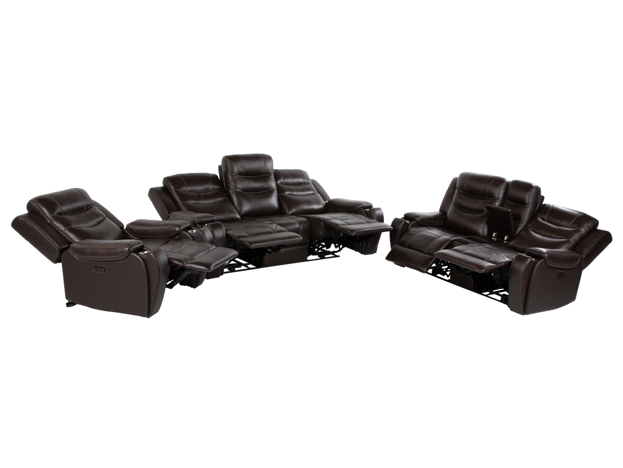 Espresso Contemporary Top Grain Leather 3-Piece Power Reclining Living Room Set w/ Power Headrests, USB Charging, Cup Holders & Drop-Down Table