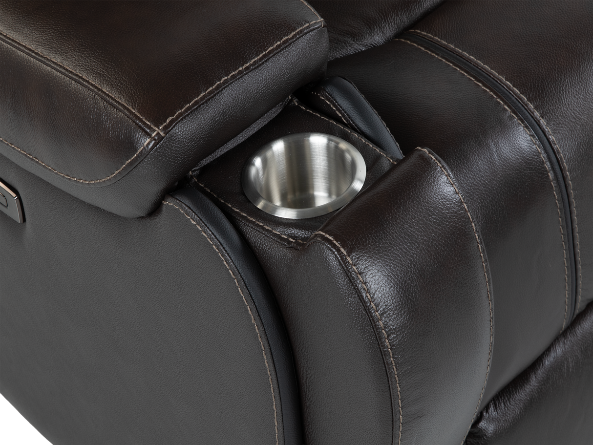 Espresso Contemporary Top Grain Leather 3-Piece Power Reclining Living Room Set w/ Power Headrests, USB Charging, Cup Holders & Drop-Down Table