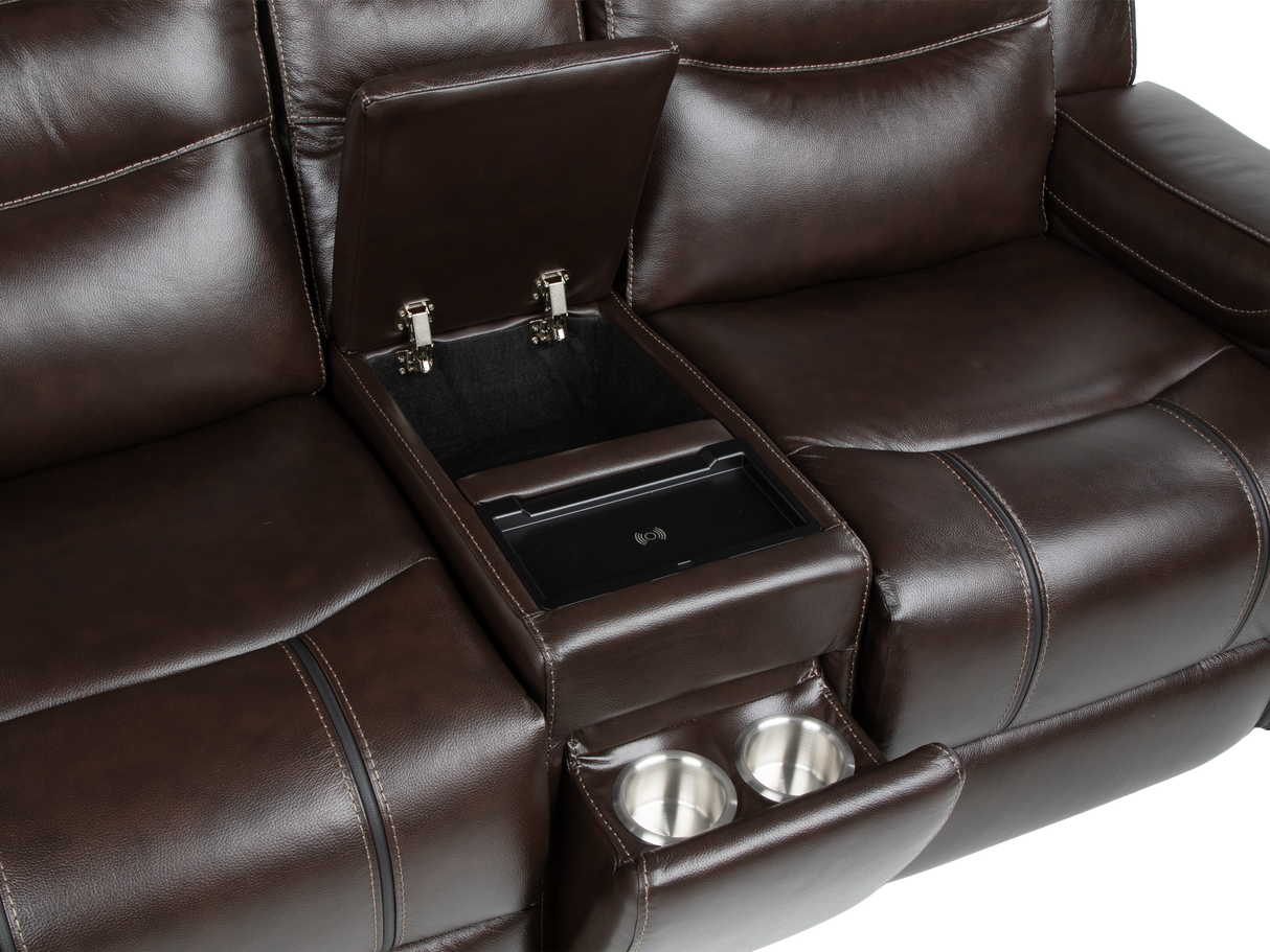 Espresso Contemporary Top Grain Leather 3-Piece Power Reclining Living Room Set w/ Power Headrests, USB Charging, Cup Holders & Drop-Down Table