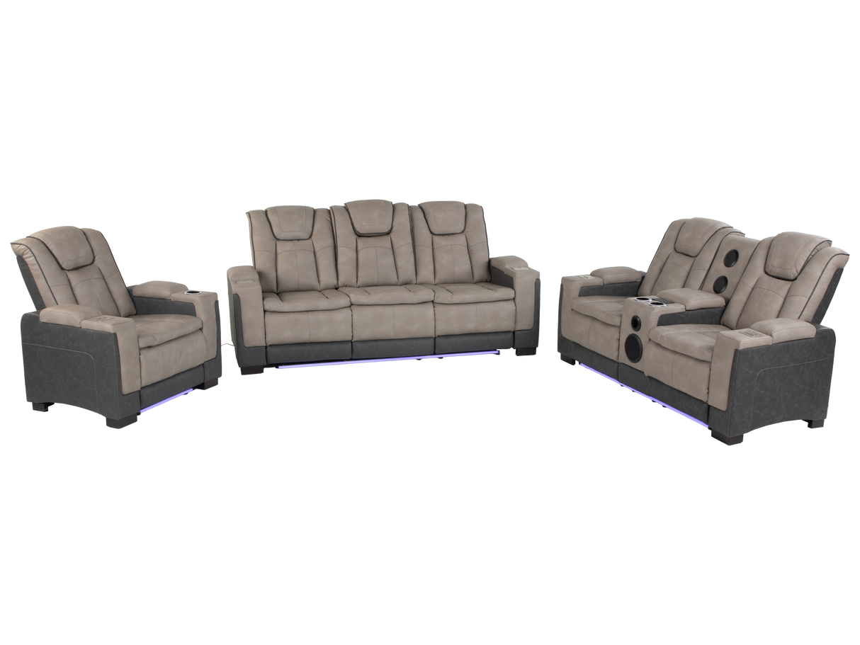 Gray 3 Piece Power Reclining Living Room Set with LED Lighting, Storage, and USB Ports