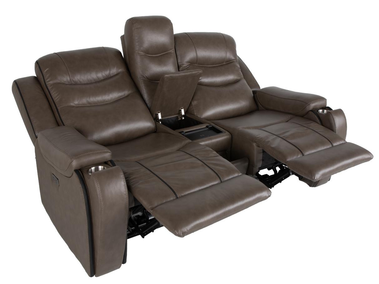 Warm Gray Top Grain Leather Power Reclining 3-Piece Living Room Set with Power Headrests