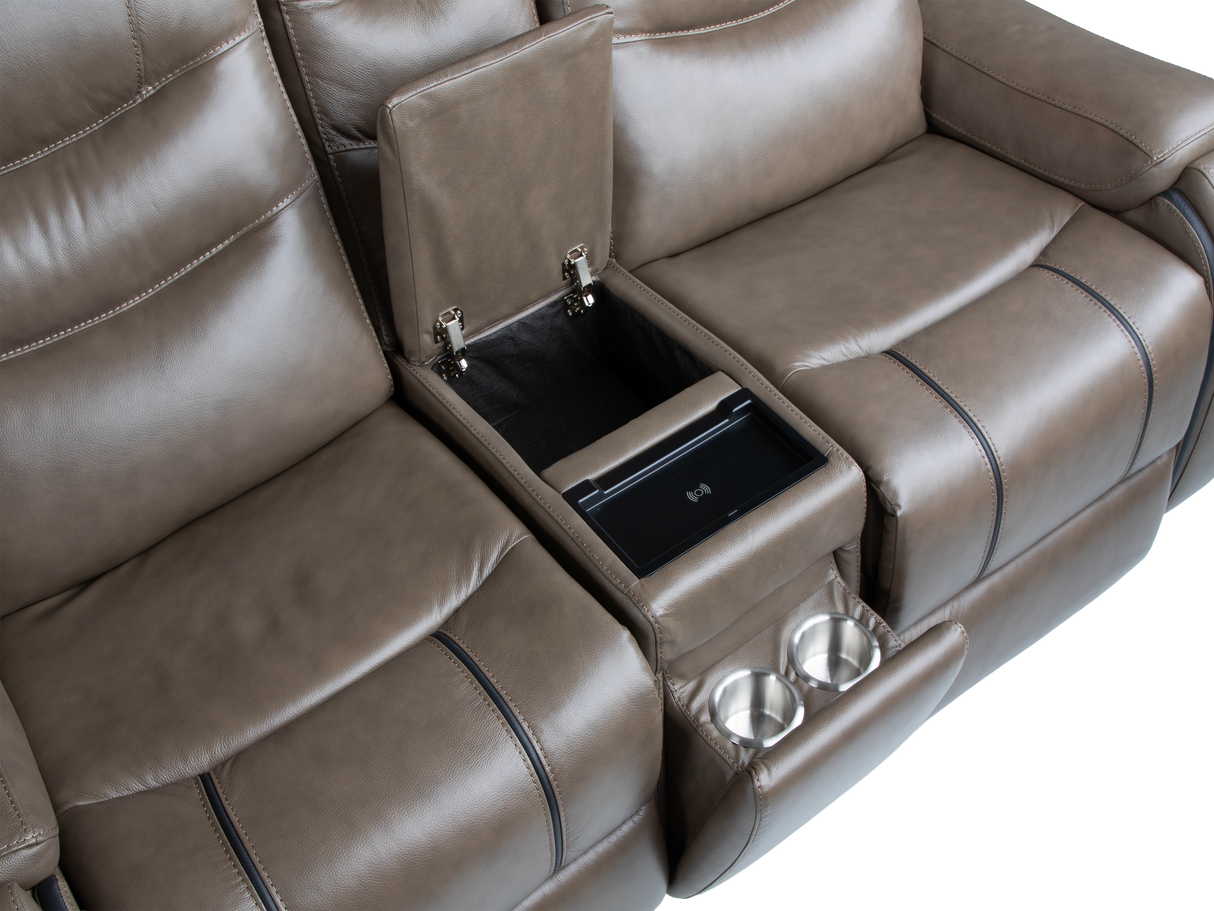 Warm Gray Top Grain Leather Power Reclining 3-Piece Living Room Set with Power Headrests