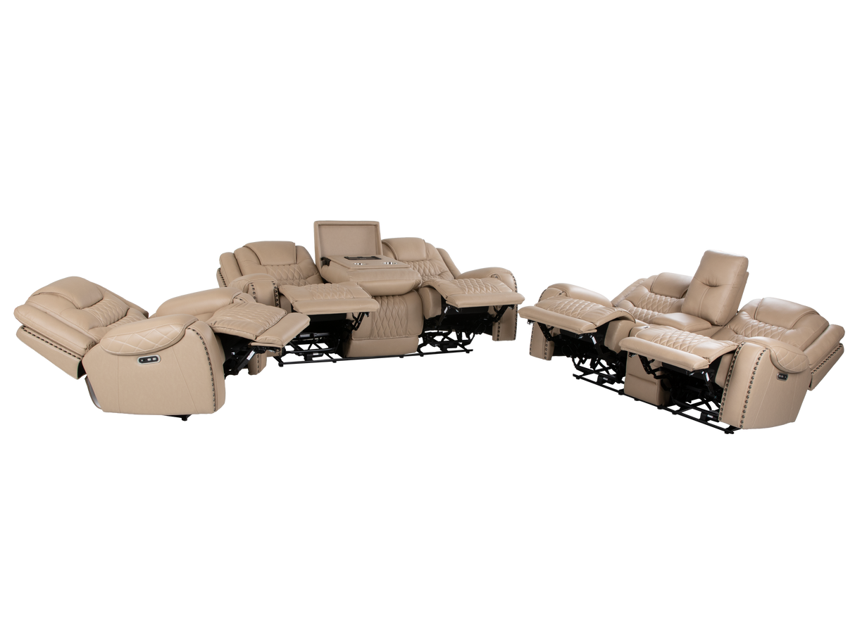 Toffee Contemporary Top-Grain Leather Dual Power Reclining 3-Piece Living Room Set w/ USB & Wireless Charging