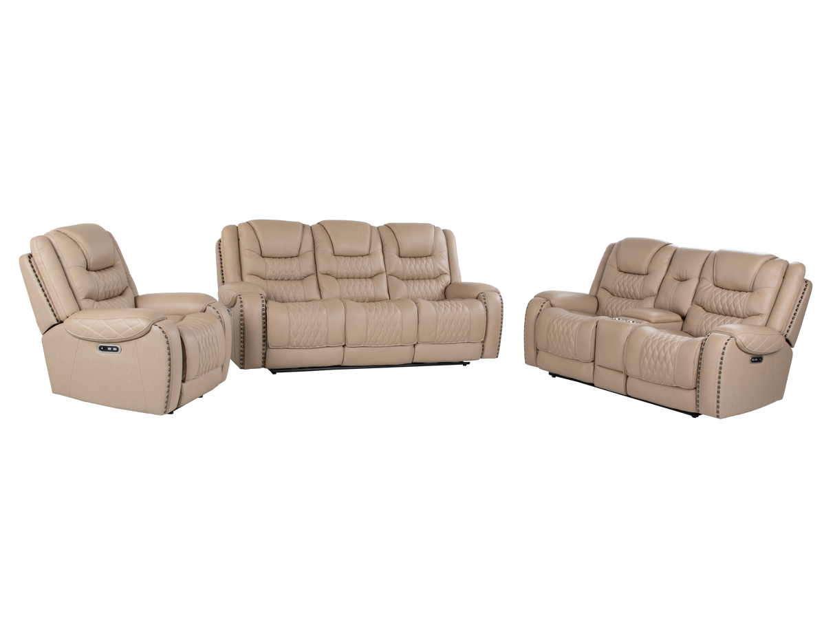 Toffee Contemporary Top-Grain Leather Dual Power Reclining 3-Piece Living Room Set w/ USB & Wireless Charging