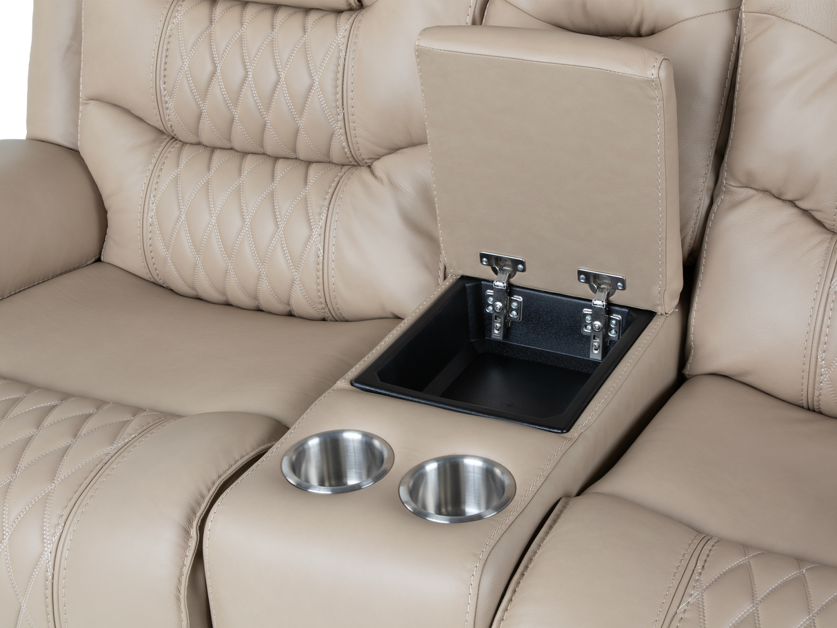 Toffee Contemporary Top-Grain Leather Dual Power Reclining 3-Piece Living Room Set w/ USB & Wireless Charging