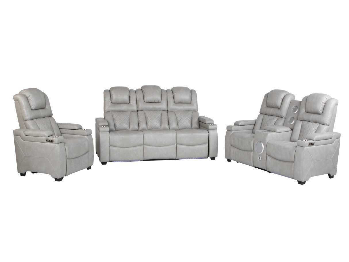 Light Grey Dual Power Reclining 3-Piece Living Room Set with Power Headrests, LED & Wireless Charging