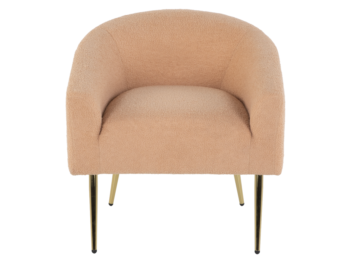 Light Brown Boucle Barrel Chair with Gold Metal Legs