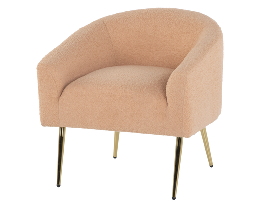 Light Brown Boucle Barrel Chair with Gold Metal Legs
