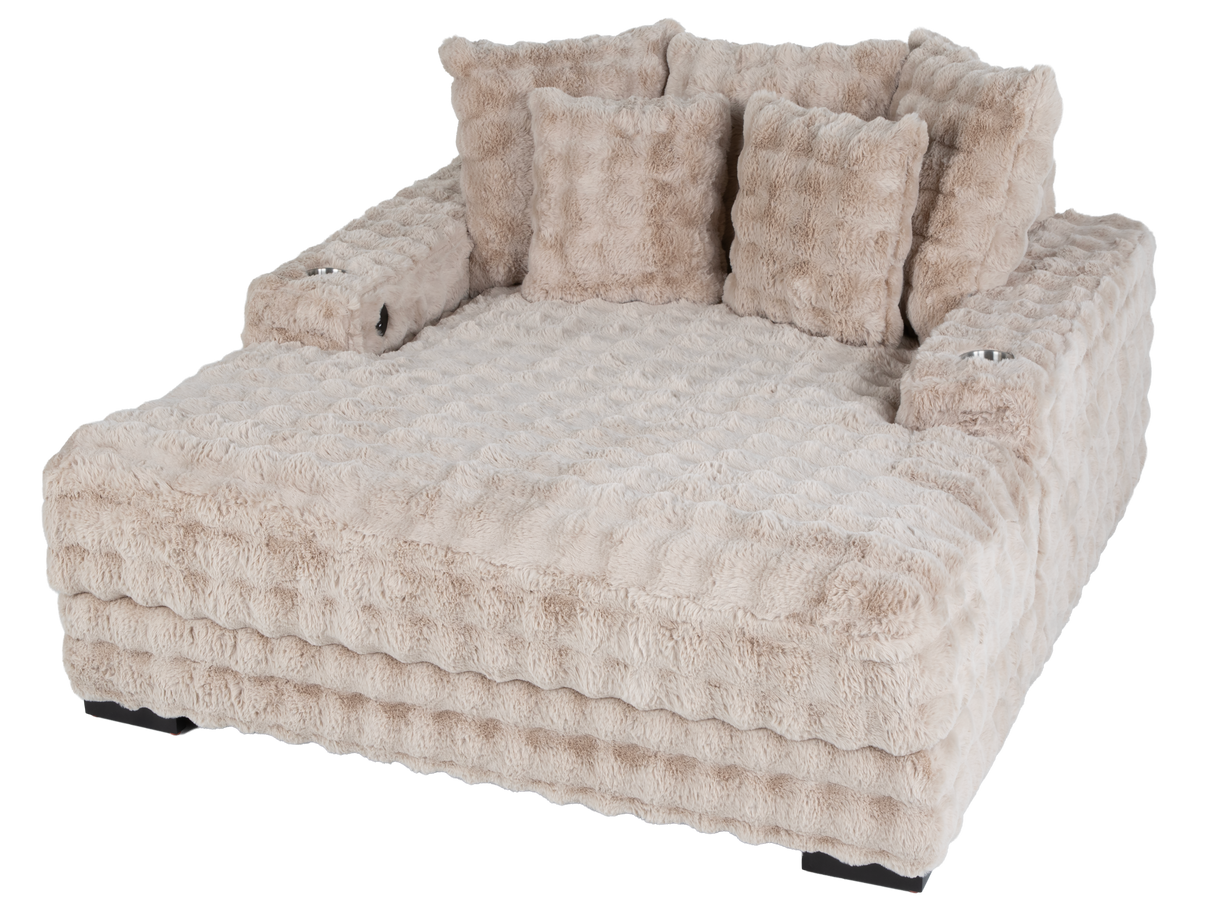 Beige Velvet Chaise Lounge with Dual Cupholders & USB Charging Ports