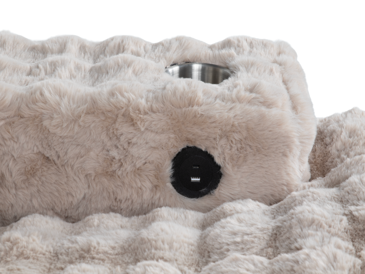 Beige Velvet Chaise Lounge with Dual Cupholders & USB Charging Ports