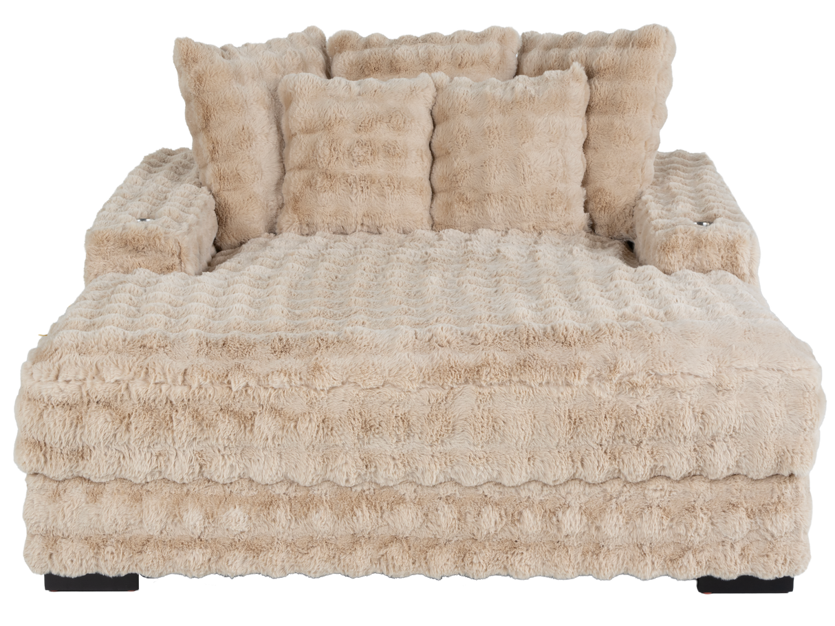 Camel Velvet Chaise Lounge with Dual Cupholders & USB Charging Ports