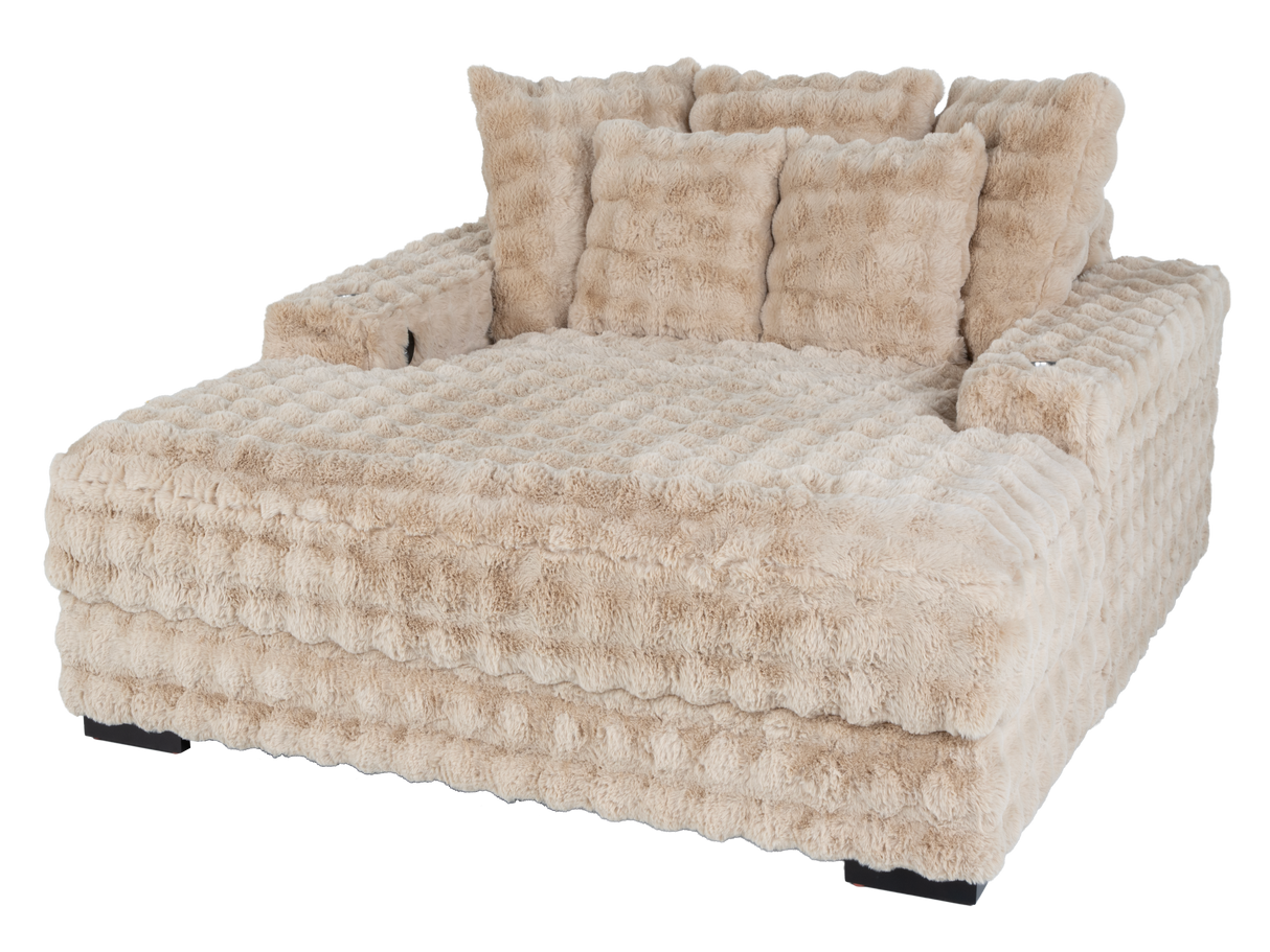 Camel Velvet Chaise Lounge with Dual Cupholders & USB Charging Ports