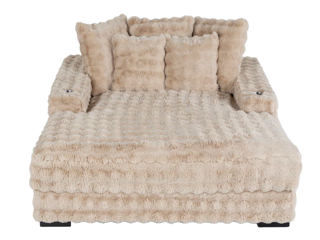 Camel Velvet Chaise Lounge with Dual Cupholders & USB Charging Ports