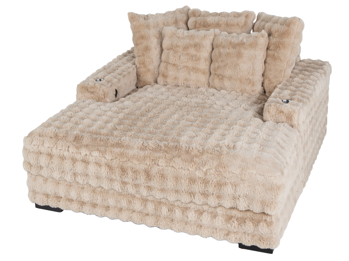 Camel Velvet Chaise Lounge with Dual Cupholders & USB Charging Ports