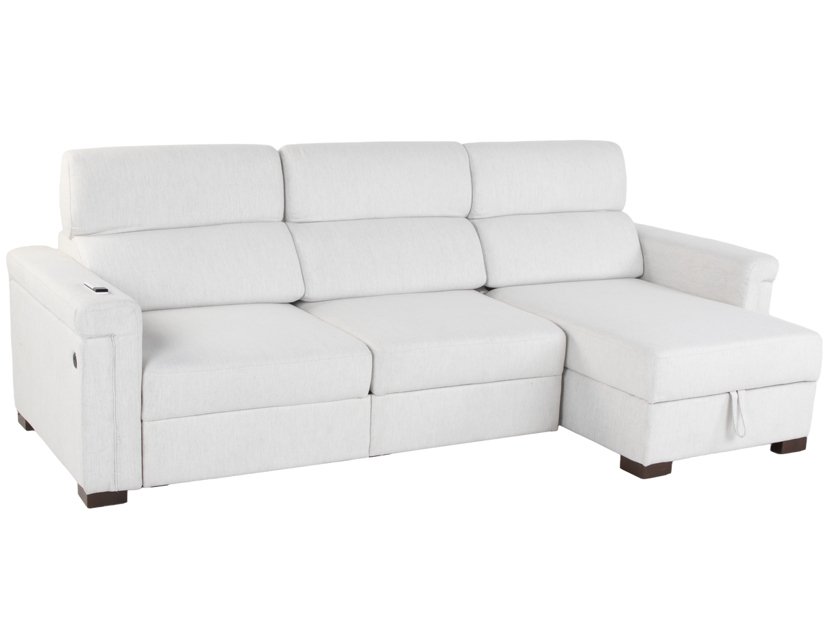 White Power Sleeper Sectional with Storage Chaise & USB Ports