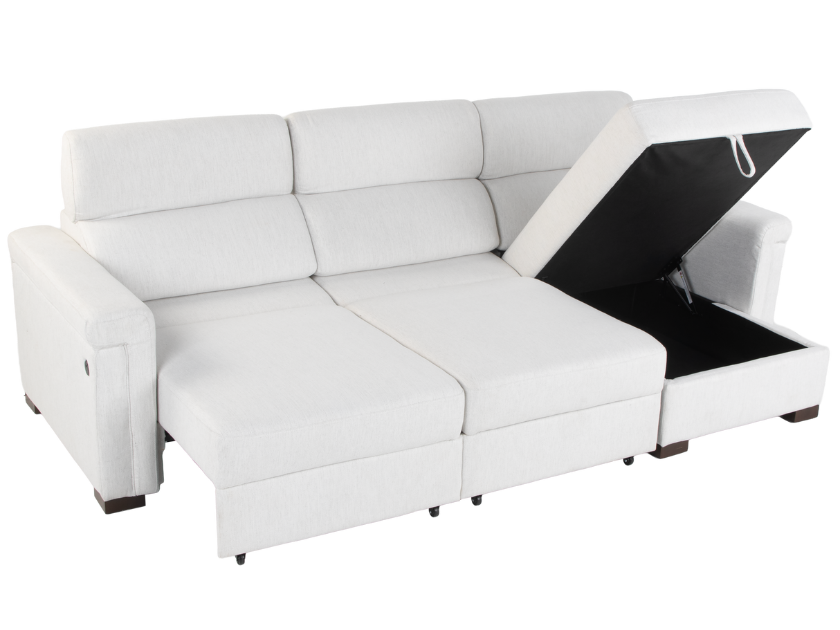 White Power Sleeper Sectional with Storage Chaise & USB Ports