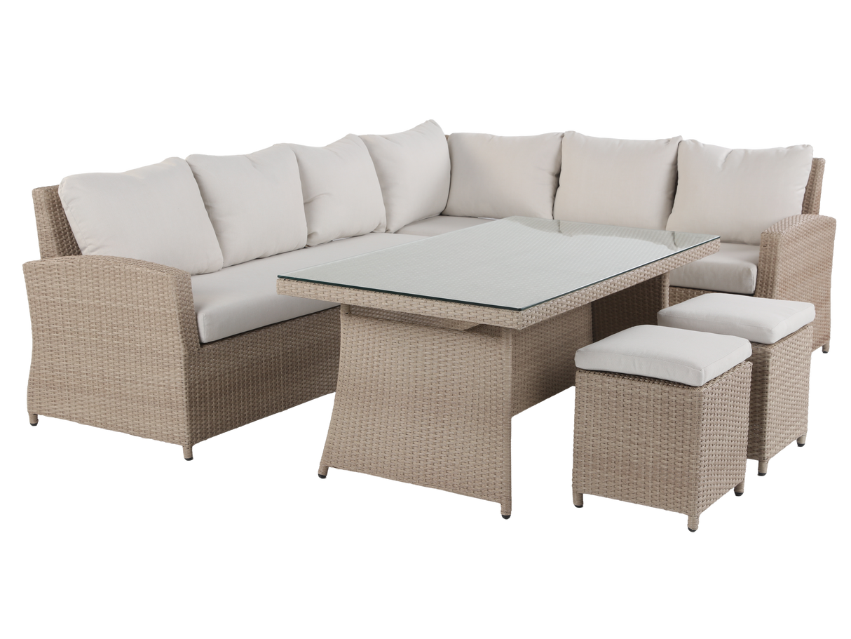 Outdoor furniture set with a sectional sofa, table, and ottomans on a white background