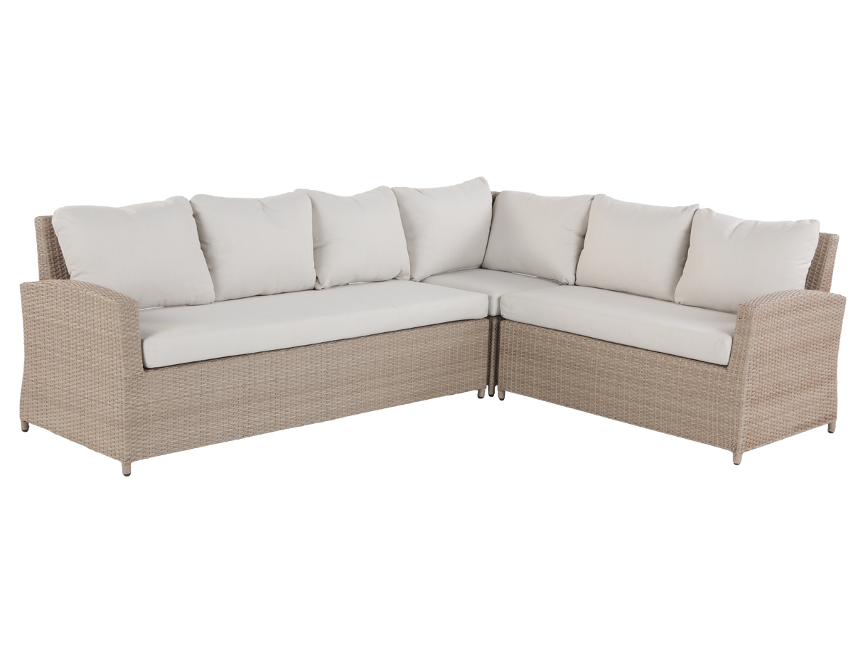 Sectional outdoor sofa with beige cushions on a white background