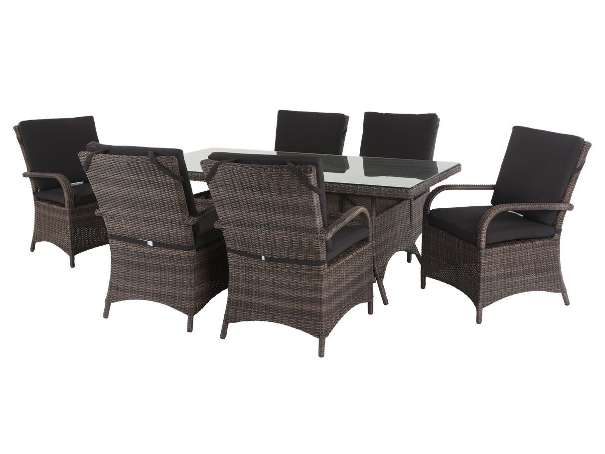 Outdoor furniture set with a rectangular table and eight chairs on a white background