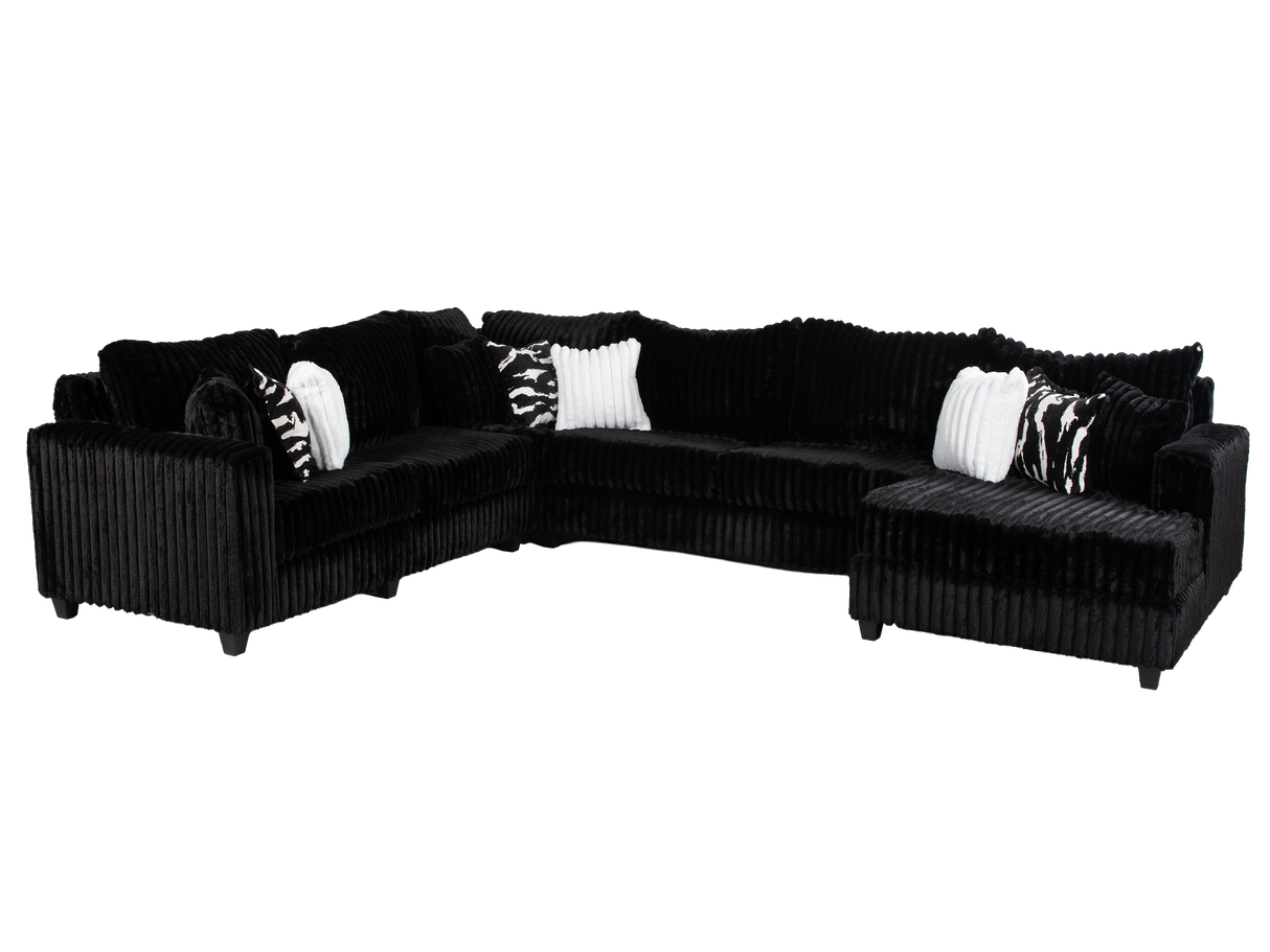 Modern Black Plush Corduroy 4 Piece Sectional Sofa with LAF Sofa, 2 Armless Chairs, RAF Chaise & 9 Pillows