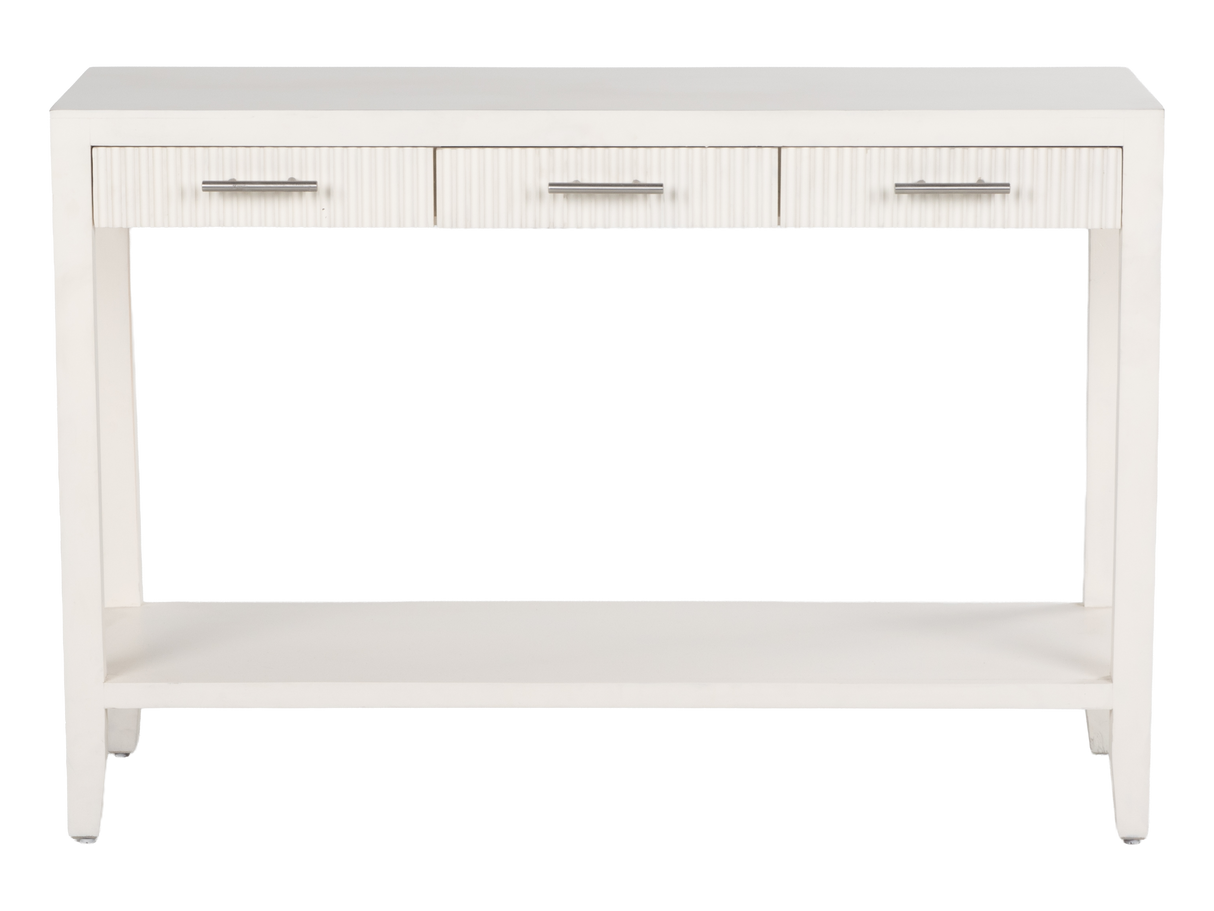 White Coastal Contemporary Fluted Console Table with 3 Drawers & Shelf