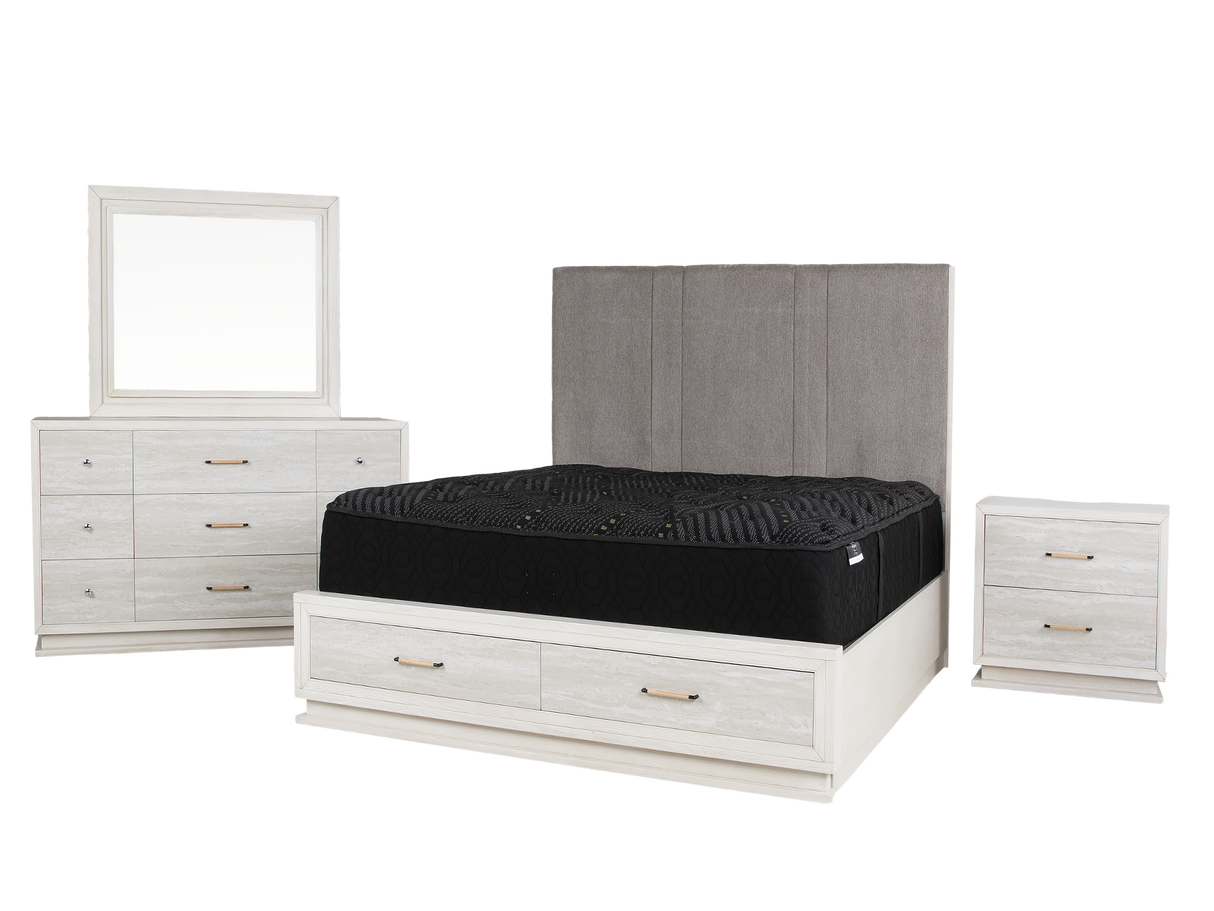Modern White 6-Piece Storage Bedroom Set with Gray Upholstered Headboard & LED Lighting