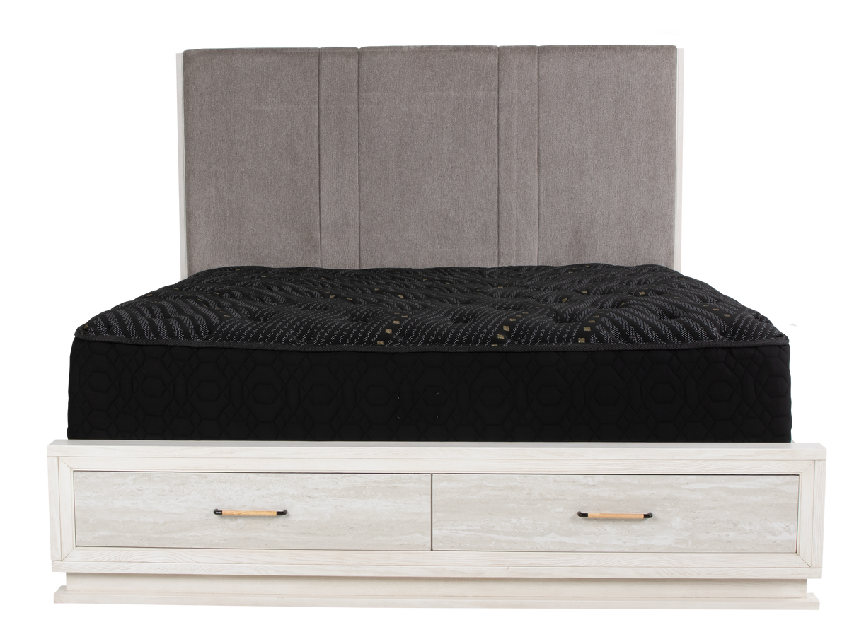 Modern White 6-Piece Storage Bedroom Set with Gray Upholstered Headboard & LED Lighting