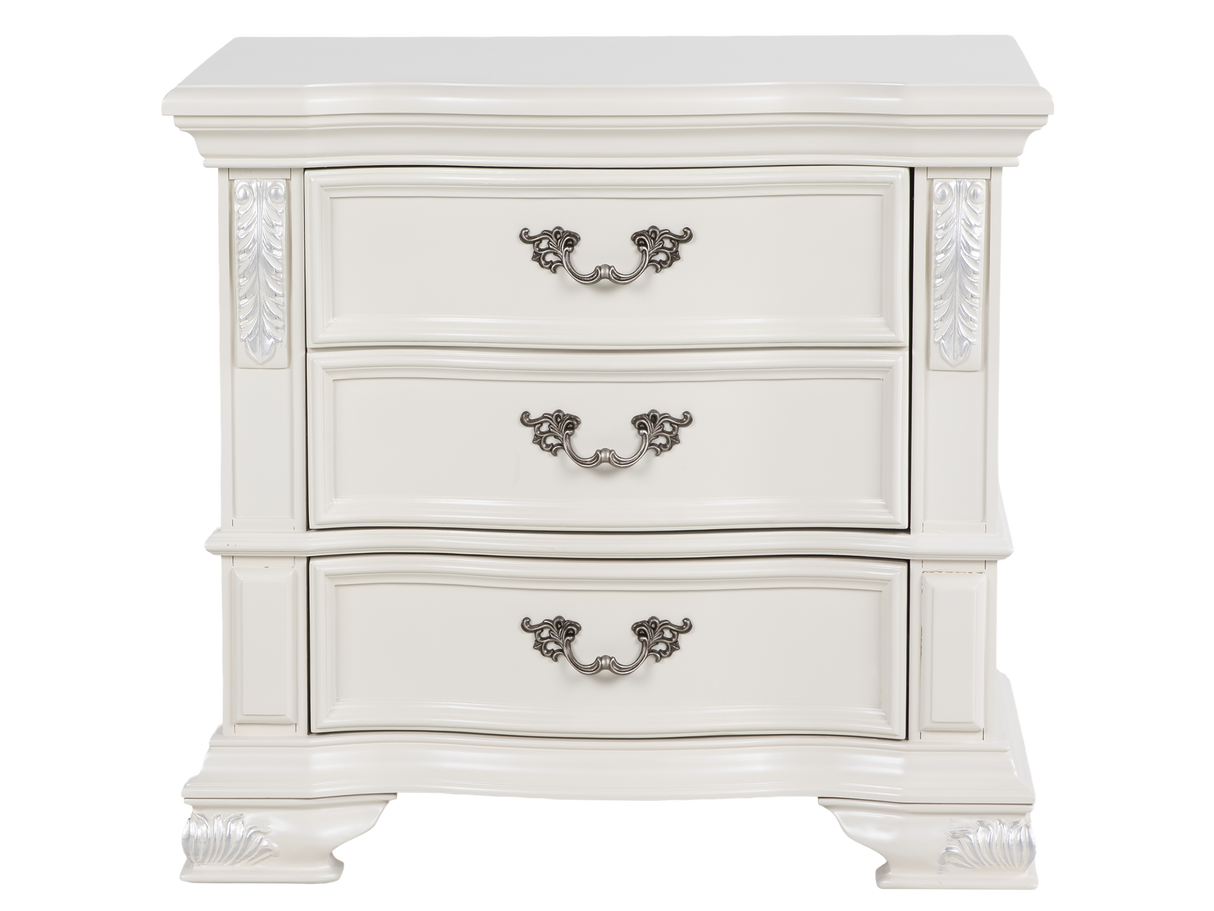 White Ornate Tufted Upholstered 6-Piece Bedroom Set with Dresser, Mirror & Nightstand
