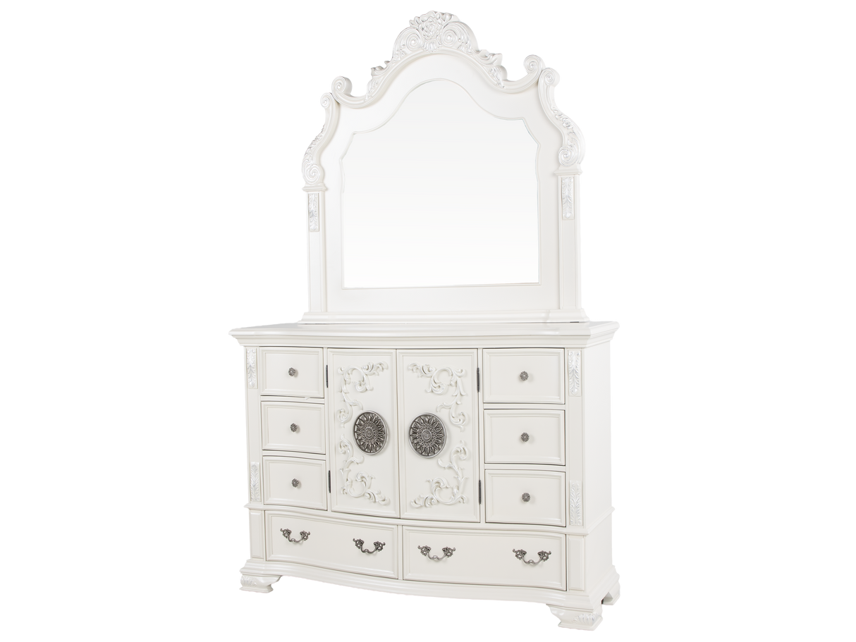 White Ornate Tufted Upholstered 6-Piece Bedroom Set with Dresser, Mirror & Nightstand