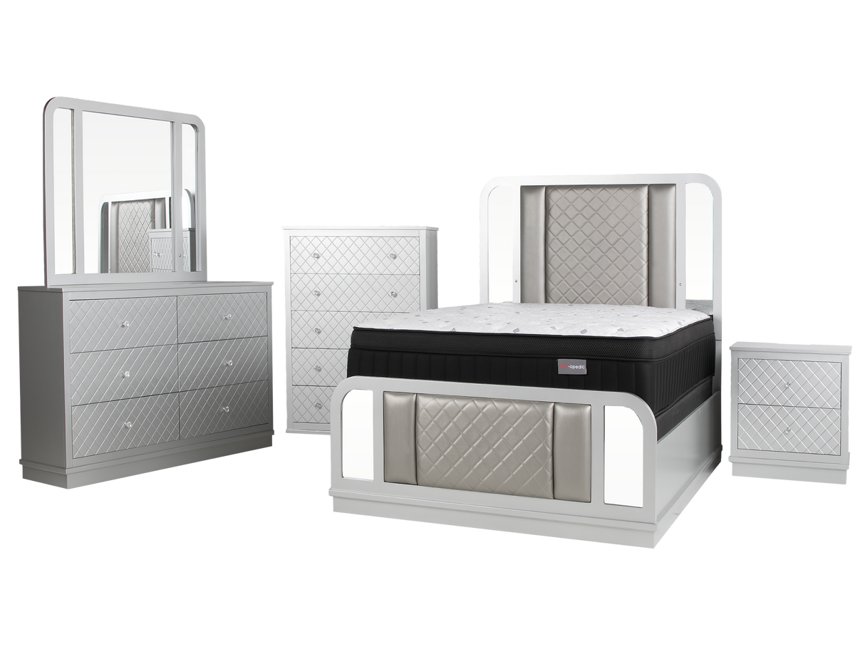 Silver LED Upholstered Panel 6-Piece Bedroom Set with Checkered Drawer Design