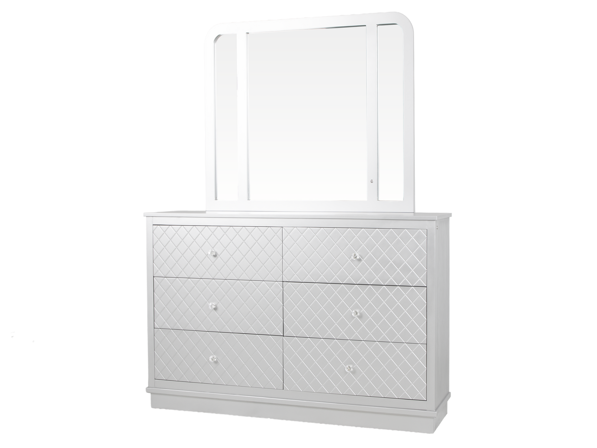 Silver LED Upholstered Panel 6-Piece Bedroom Set with Checkered Drawer Design