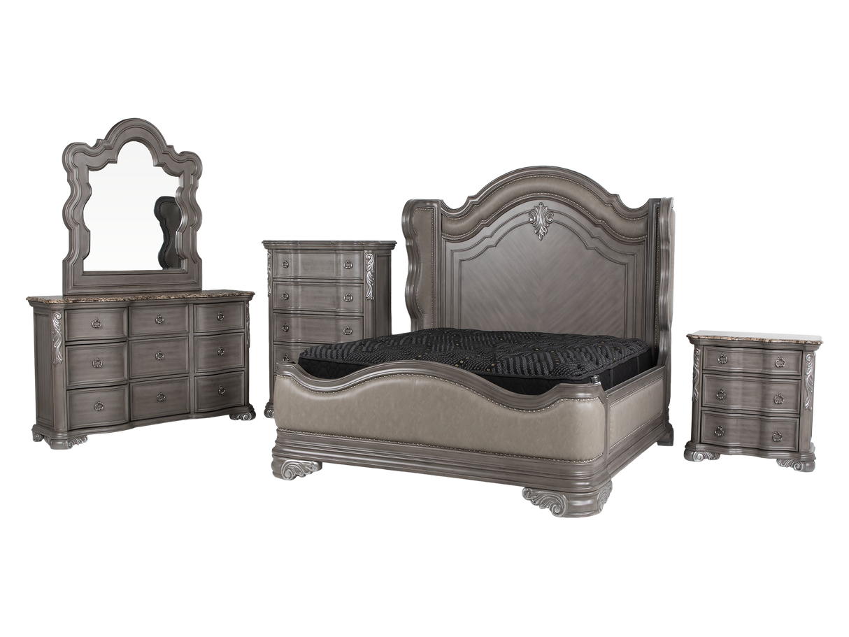 Gray Marble Top Upholstered Panel 6-Piece Bedroom Set with Dresser, Mirror & Nightstand