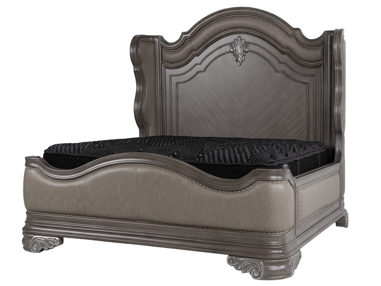 Gray Marble Top Upholstered Panel 6-Piece Bedroom Set with Dresser, Mirror & Nightstand