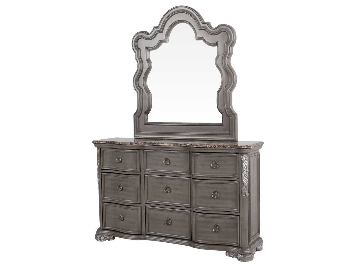 Gray Marble Top Upholstered Panel 6-Piece Bedroom Set with Dresser, Mirror & Nightstand